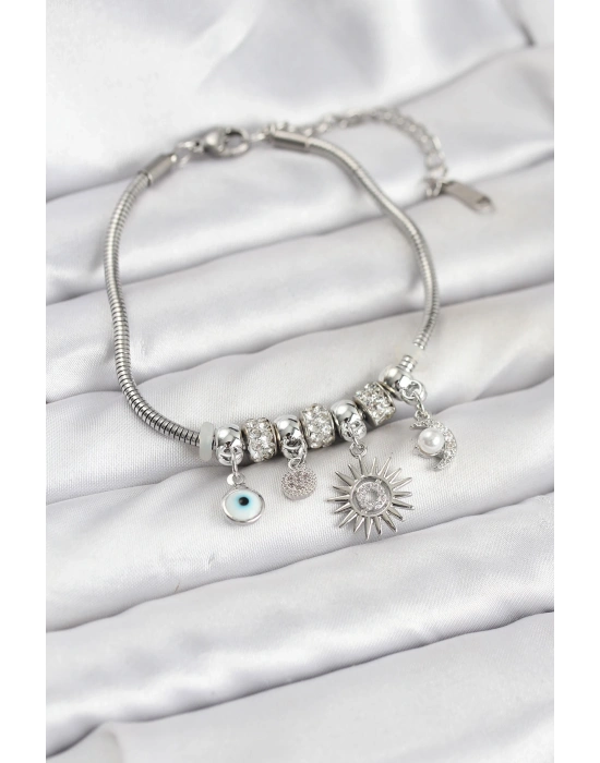 Pirinç Gümüş Renk Güneş Charmlı Kadın Bileklik