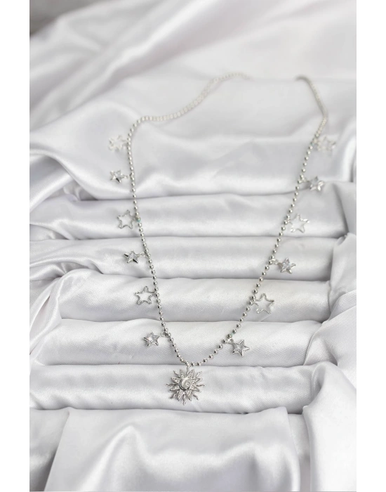 Pirinç Gümüş Renk Güneş Model Kadın Kolye