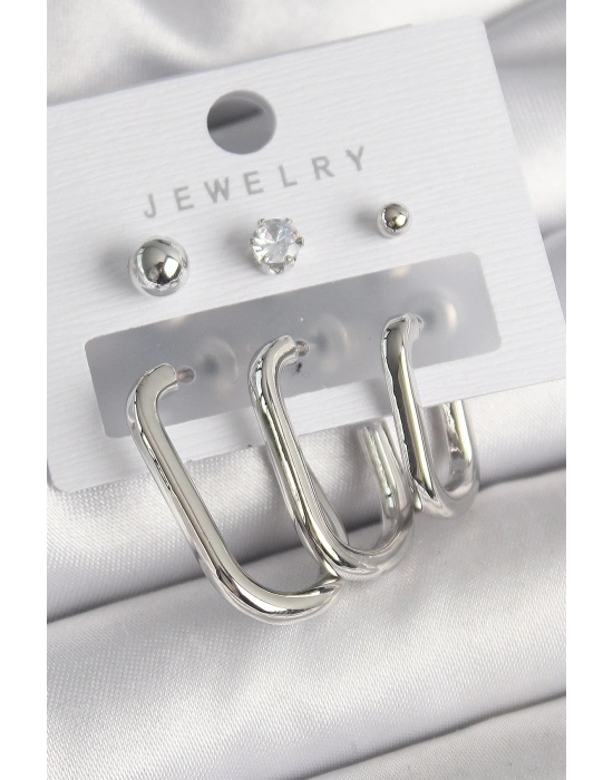 Pirinç Gümüş Renk Halka Model Zirkon Taşlı Topçuk Detay Kadın Küpe Seti