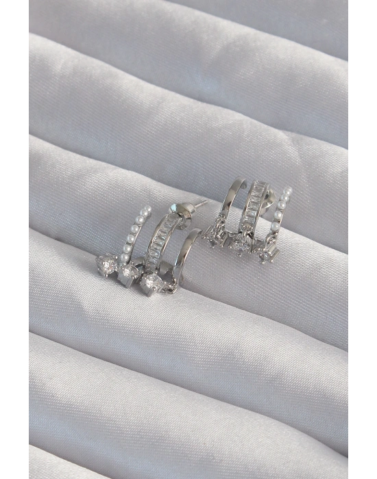 Pirinç Gümüş Renk İncili Çoklu Zirkon Taşlı Yarım Halka Küpe