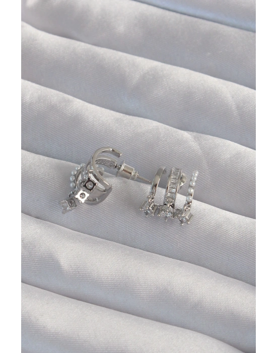 Pirinç Gümüş Renk İncili Çoklu Zirkon Taşlı Yarım Halka Küpe