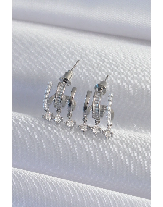 Pirinç Gümüş Renk İncili Çoklu Zirkon Taşlı Yarım Halka Küpe