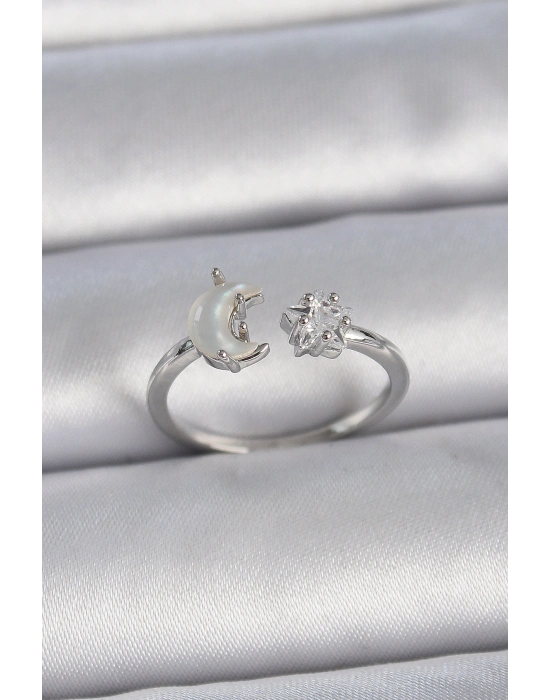 Pirinç Gümüş Renk İncili Hilal Zirkon Taşlı Yıldız Ayarlanabilir Kadın Yüzük