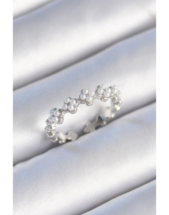 Pirinç Gümüş Renk İncili Yonca Model Kadın Yüzük