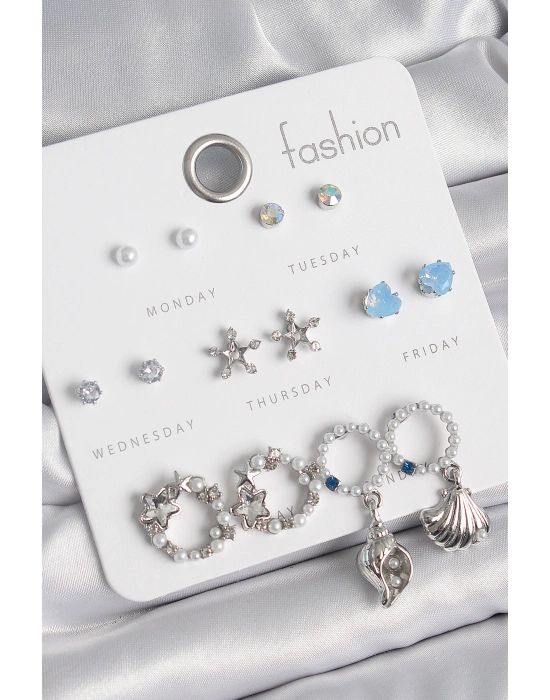 Pirinç Gümüş Renk İncli Zirkon Taşlı Halka Figür Yıldız Detay 7 Çift Kadın Küpe Seti