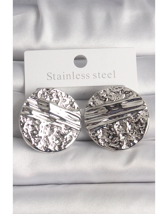 Pirinç Gümüş Renk İşlemeli Daire Plaka Model Kadın Küpe