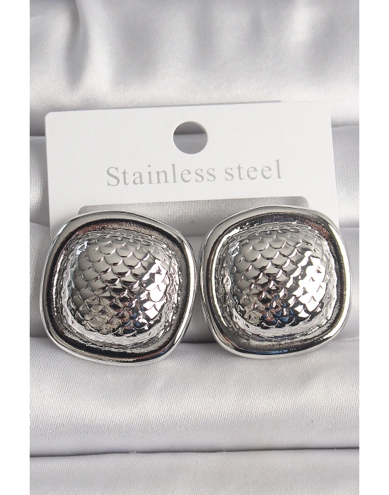 Pirinç Gümüş Renk İşlemeli Kare Model Kadın Küpe