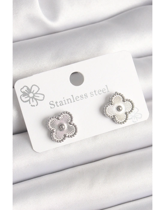 Pirinç Gümüş Renk İşlemeli Yonca Model Kadın Küpe