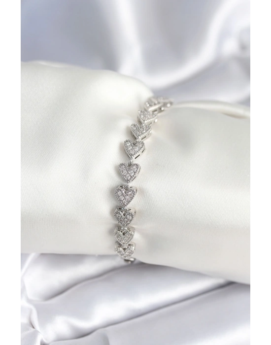 Pirinç Gümüş Renk Kalp Model Kadın Bileklik