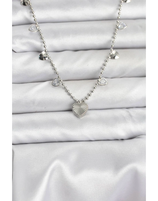 Pirinç Gümüş Renk Kalp Model Kadın Kolye