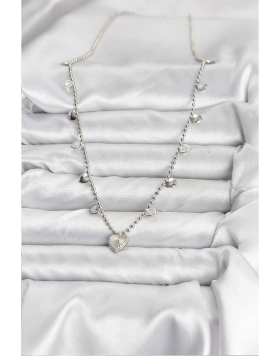 Pirinç Gümüş Renk Kalp Model Kadın Kolye