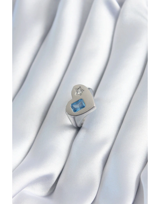 Pirinç Gümüş Renk Kalp Model Yıldız Zirkon Taş Detay Kadın Yüzük