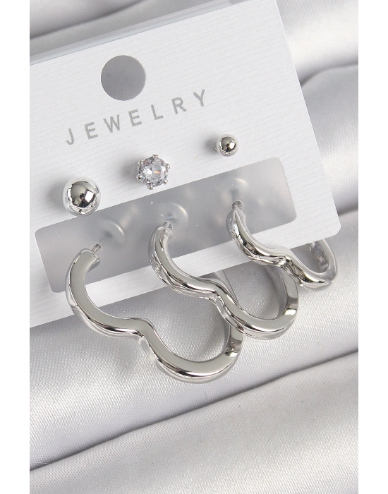 Pirinç Gümüş Renk Kalp Model Zirkon Taş Topçuk Detay Kadın Küpe Seti