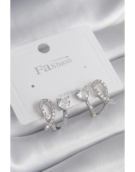 Pirinç Gümüş Renk Kalp Model Zirkon Taşlı Kadın Küpe