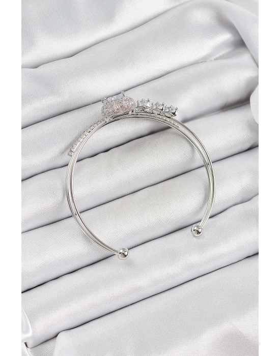 Pirinç Gümüş Renk Kalpli Zirkon Taşlı Kadın Bileklik