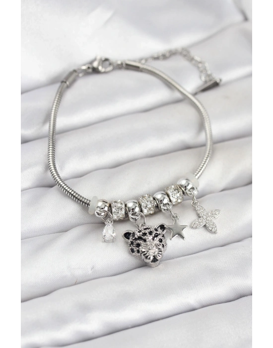 Pirinç Gümüş Renk Kaplan Model Charmlı Kadın Bileklik