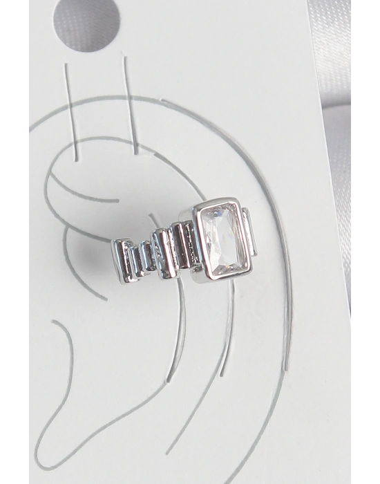 Pirinç Gümüş Renk Kare Zirkon Taşlı Kadın Kıkırdak Model Küpe