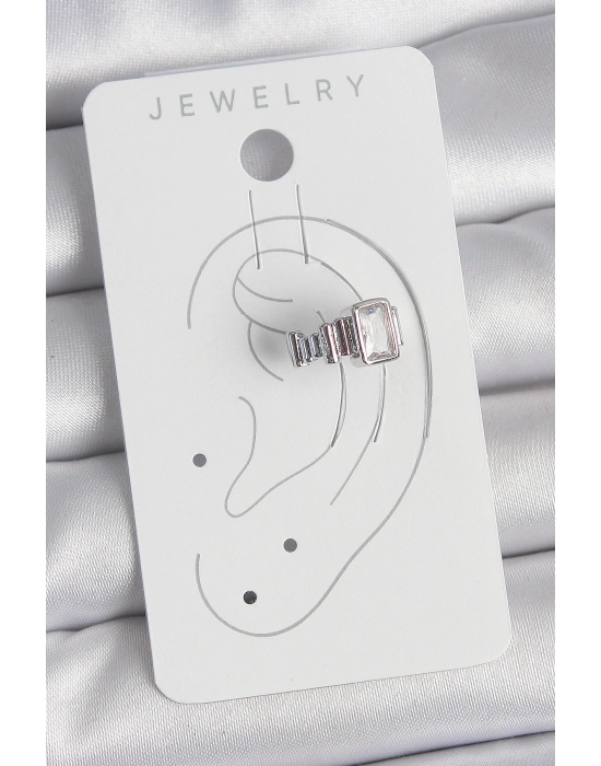 Pirinç Gümüş Renk Kare Zirkon Taşlı Kadın Kıkırdak Model Küpe