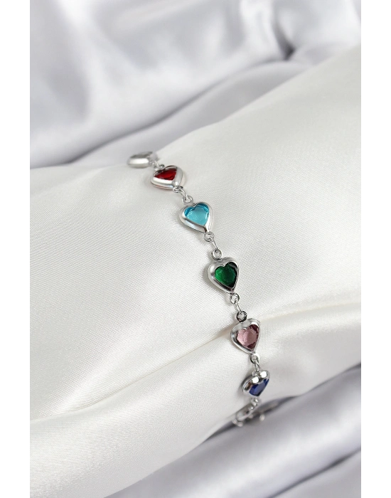 Pirinç Gümüş Renk Karışık Renk Kalp Zirkon Taşlı Kadın Bileklik