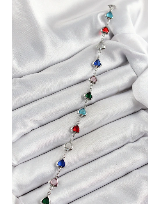 Pirinç Gümüş Renk Karışık Renk Kalp Zirkon Taşlı Kadın Bileklik