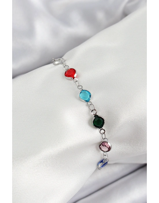 Pirinç Gümüş Renk Karışık Renk Zirkon Taşlı Kadın Bileklik