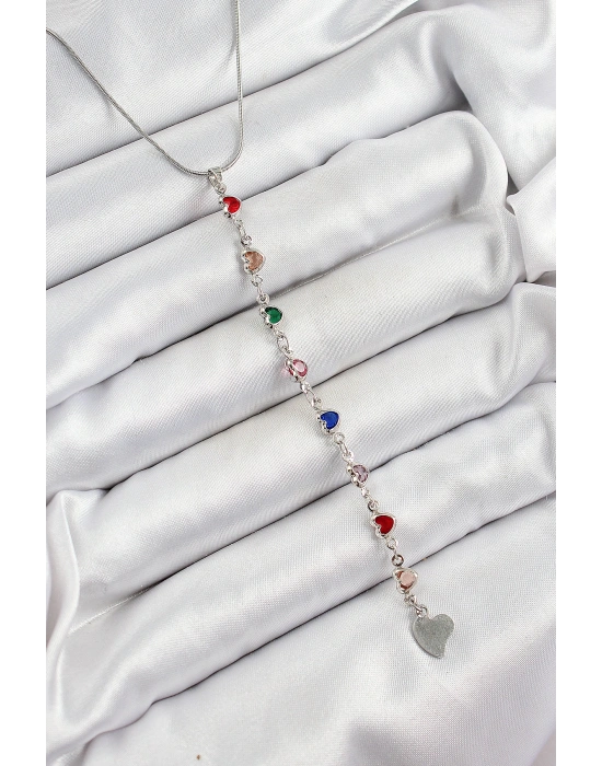 Pirinç Gümüş Renk Karışık Renk Zirkon Taşlı Kalpli Y Kadın Kolye