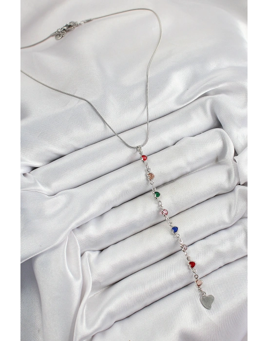 Pirinç Gümüş Renk Karışık Renk Zirkon Taşlı Kalpli Y Kadın Kolye