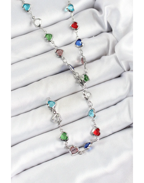 Pirinç Gümüş Renk Karışık Renk Zirkon Taşlı Kalpli Y Kadın Kolye