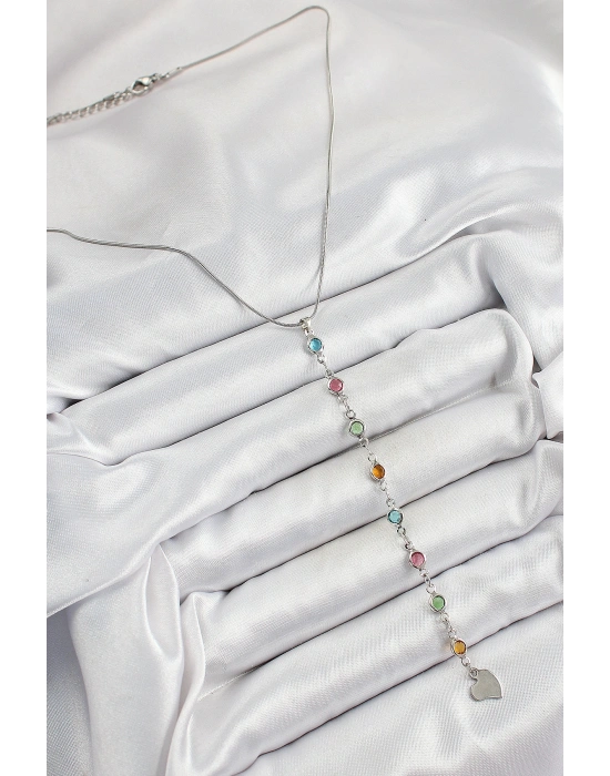 Pirinç Gümüş Renk Karışık Renk Zirkon Taşlı Y Kadın Kolye