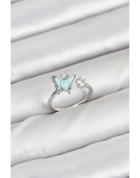 Pirinç Gümüş Renk Kelebek Model Kadın Yüzük