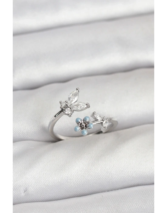 Pirinç Gümüş Renk Kelebek Model Kadın Yüzük