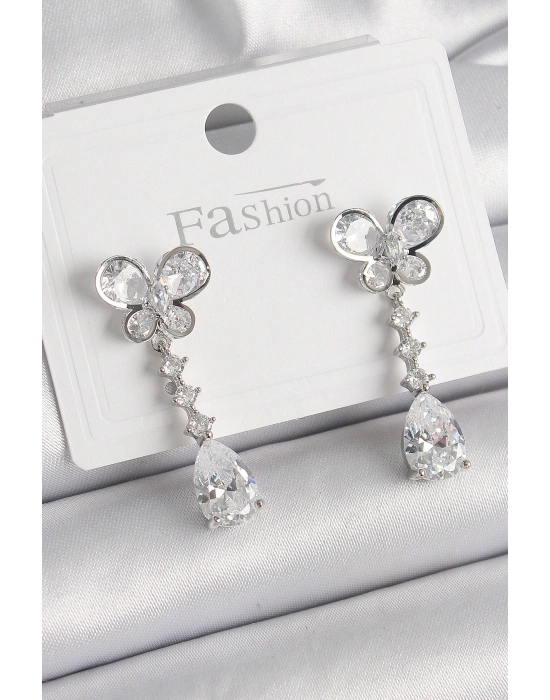 Pirinç Gümüş Renk Kelebek Model Sallantı Damla Zirkon Taşlı Kadın Küpe