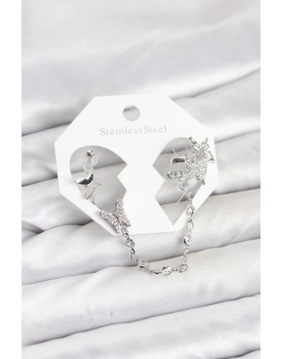 Pirinç Gümüş Renk Kelebek Model Zincir Bağlantılı Ear Cuff Küpe Seti