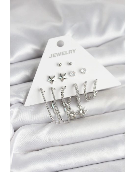 Pirinç Gümüş Renk Küpe Seti 6lı