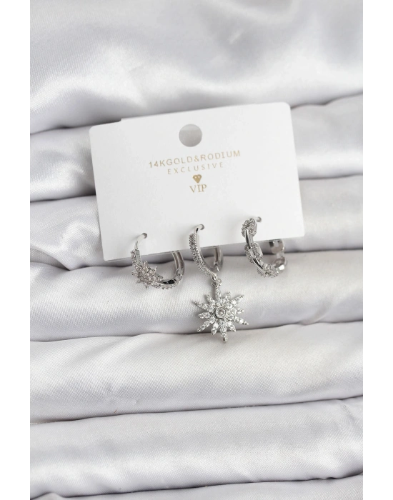 Pirinç Gümüş Renk Kutup Yıldızı Model 3lü Kadın Küpe Seti