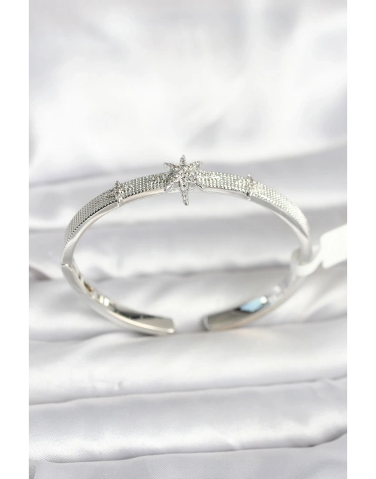 Pirinç Gümüş Renk Kutup Yıldızı Model Kadın Kelepçe Bileklik