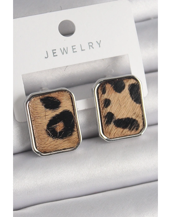 Pirinç Gümüş Renk Leopar Desenli Kare Model Kadın Küpe