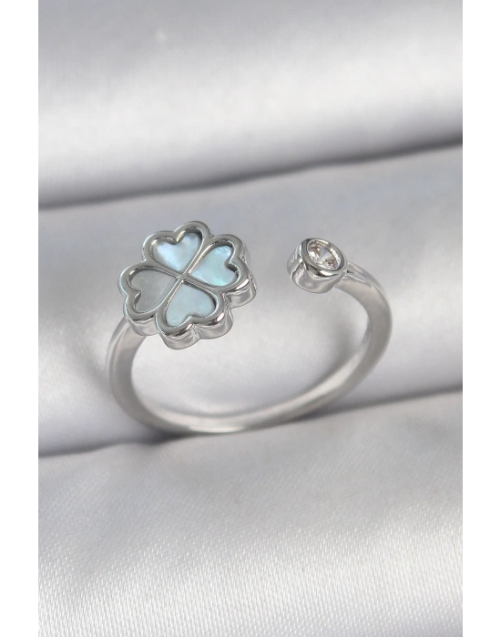 Pirinç Gümüş Renk Mavi Mineli Yonca Model Zirkon Taş Detay Ayarlanabilir Kadın Yüzük