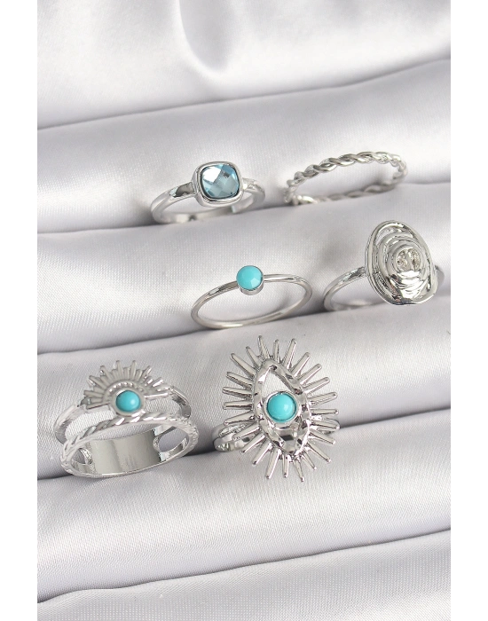 Pirinç Gümüş Renk Mavi Taşlı Kare Zirkon Taş Detaylı Kadın Yüzük Kombini