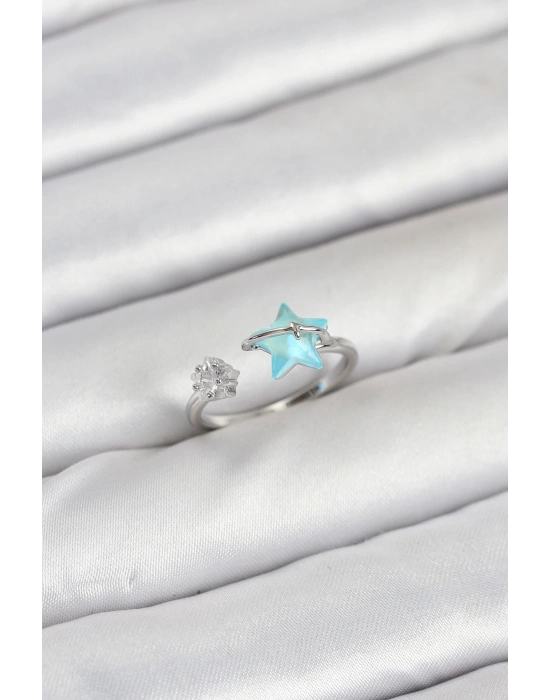 Pirinç Gümüş Renk Mavi Yıldızlı Model Kadın Yüzük