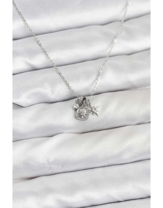 Pirinç Gümüş Renk Minimal Charmlı Kadın Kolye