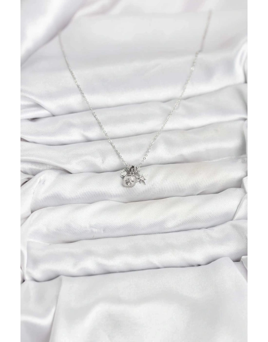 Pirinç Gümüş Renk Minimal Charmlı Kadın Kolye