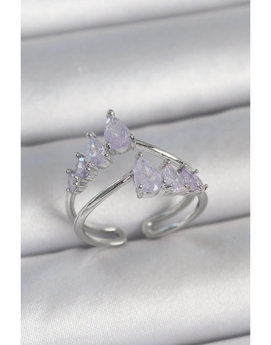 Pirinç Gümüş Renk Mor Damla Zirkon Taşlı Taç Model Kadın Yüzük