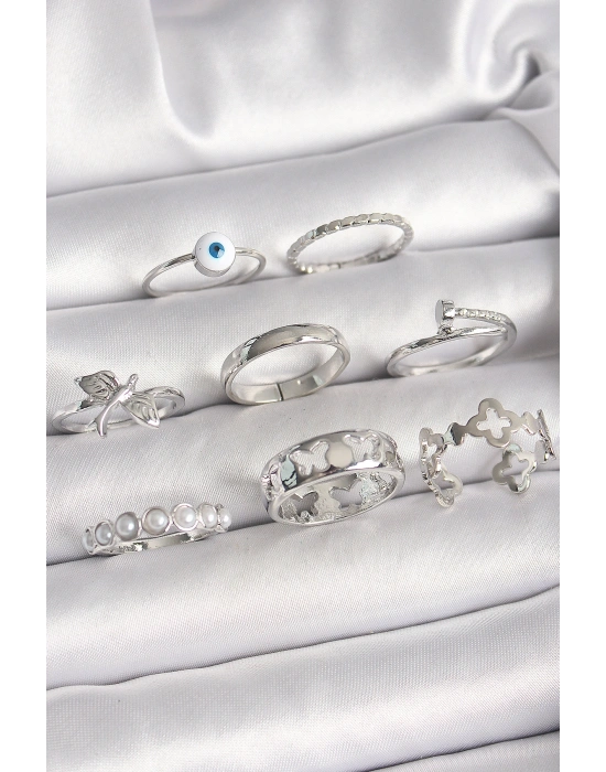 Pirinç Gümüş Renk Nazar Boncuk Detay İncili Kelebek İşlemeli Kadın Yüzük Kombini