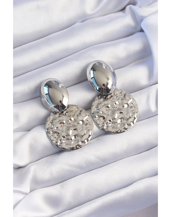 Pirinç Gümüş Renk Oval Ezme Plaka Küpe