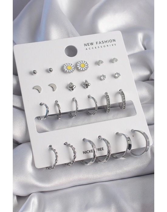 Pirinç Gümüş Renk Papatya Detaylı 12 Çiftli Kadın Küpe Seti