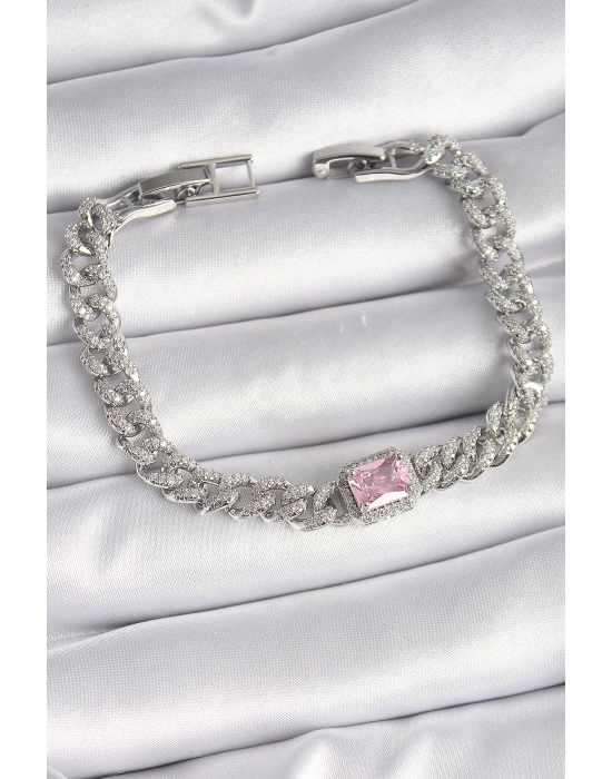 Pirinç Gümüş Renk Pembe Kare Zirkon Taşlı VIP Seri Kadın Bileklik