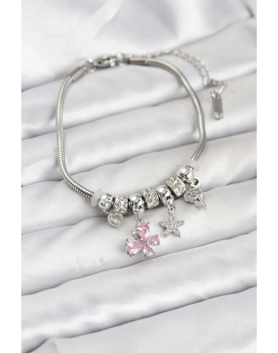 Pirinç Gümüş Renk Pembe Kelebek Charmlı Kadın Bileklik