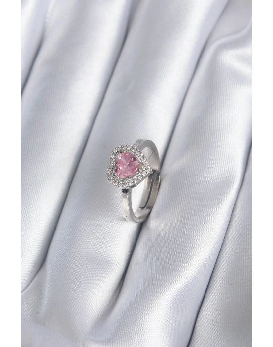 Pirinç Gümüş Renk Pembe Zirkon Taşlı Charm Model Kadın Yüzük