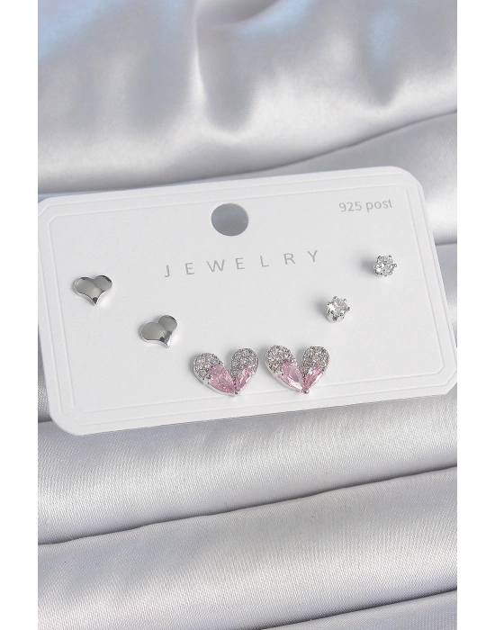 Pirinç Gümüş Renk Pembe Zirkon Taşlı Kalp Model 925 Ayar Gümüş Çivi Kadın Küpe Seti